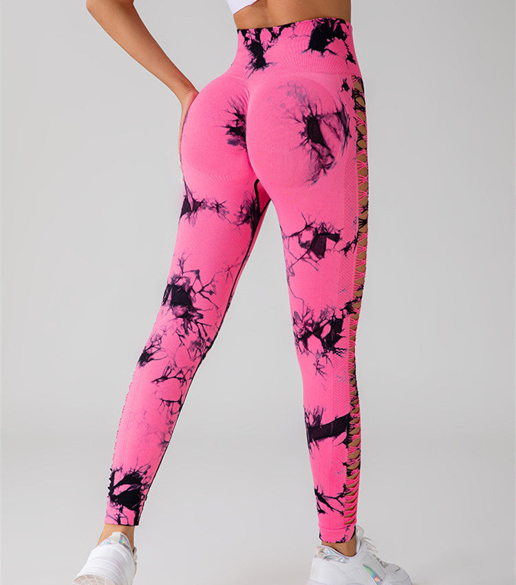 Hollow Tie Dye tryckta yogabyxor Hög midja rumplyft Sömlös Sport Gym Fitness Leggings Slimbyxor för kvinnor Tighta byxor