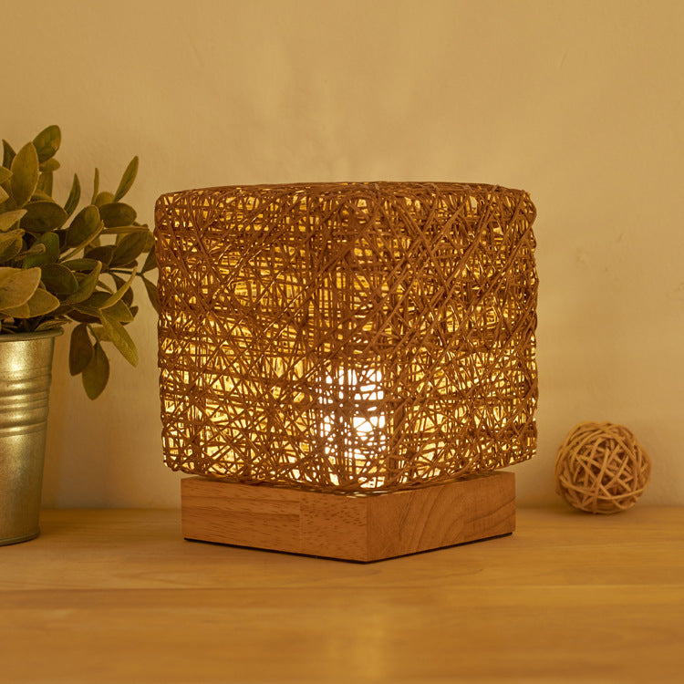 Hand-knit Dimmable Square LED Desk Lights Wood Rattan Twin USB Charging Table Lamp Girls Bedroom Gift Home Decor Night Lighting