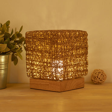 Hand-knit Dimmable Square LED Desk Lights Wood Rattan Twin USB Charging Table Lamp Girls Bedroom Gift Home Decor Night Lighting