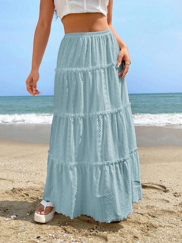 Women's Elastic Waist Mid-length Stitching Solid Skirt