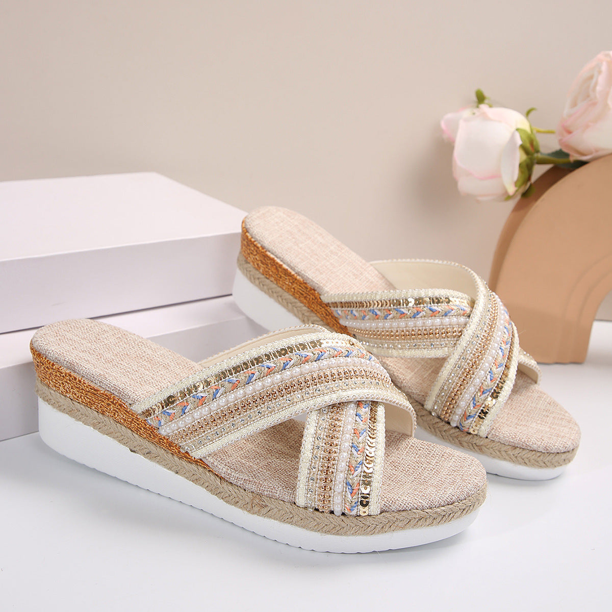 Linen Wedge Sandals - Ethnic Summer Shoes - Bohemian Collection