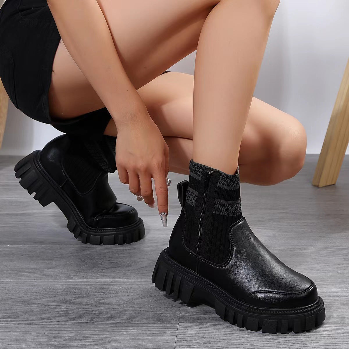 Women's Knitted Patchwork Martin Boots with Zipper