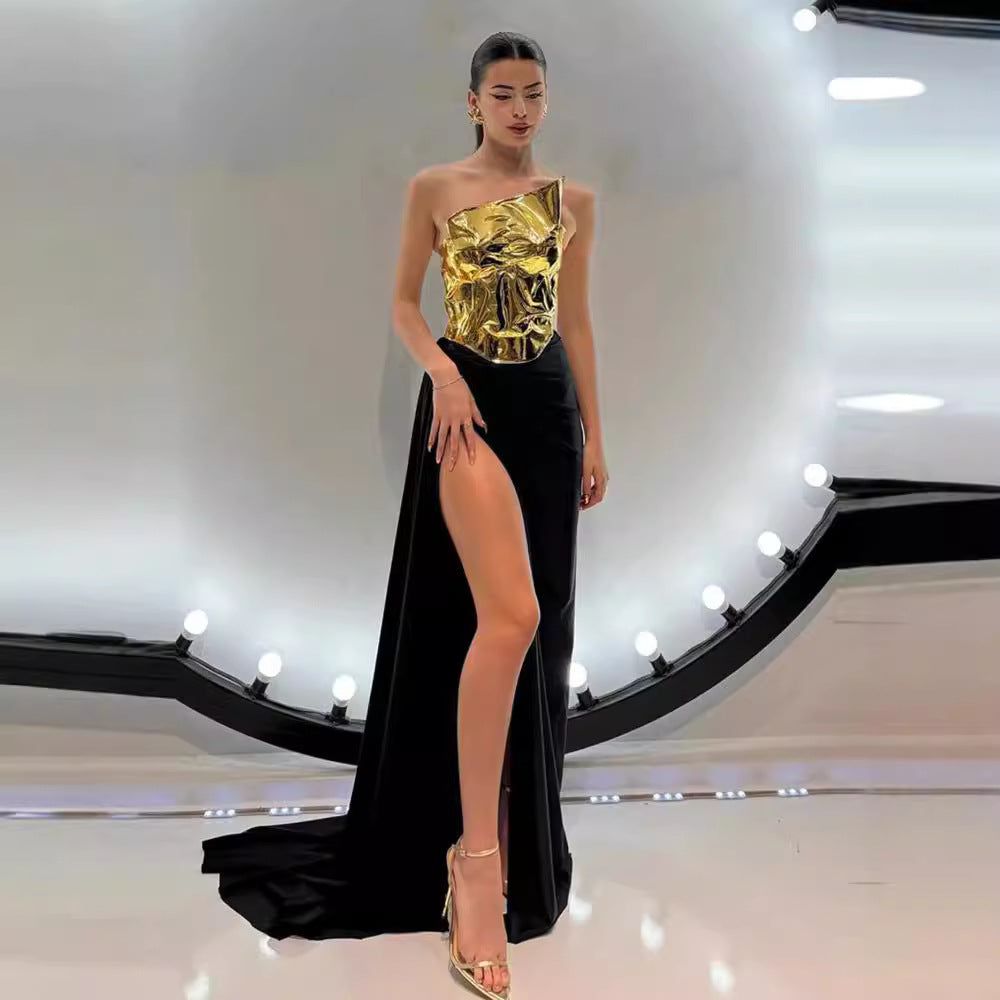 One-Shoulder Satin Black Dress Two-Piece Set - Elegant Backless Design
