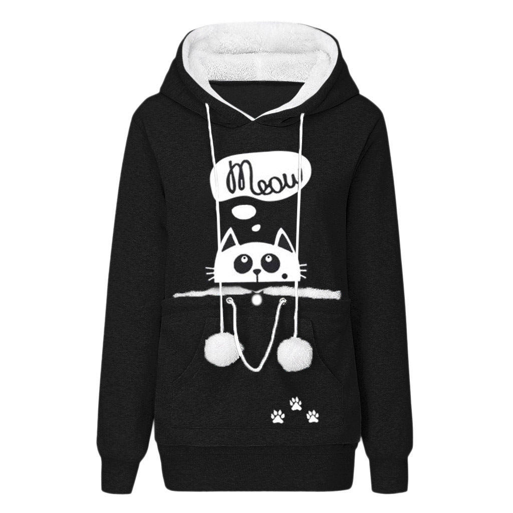 Cat Print Hoodie with Big Pocket for Pets - Long Sleeve Sweater for Women