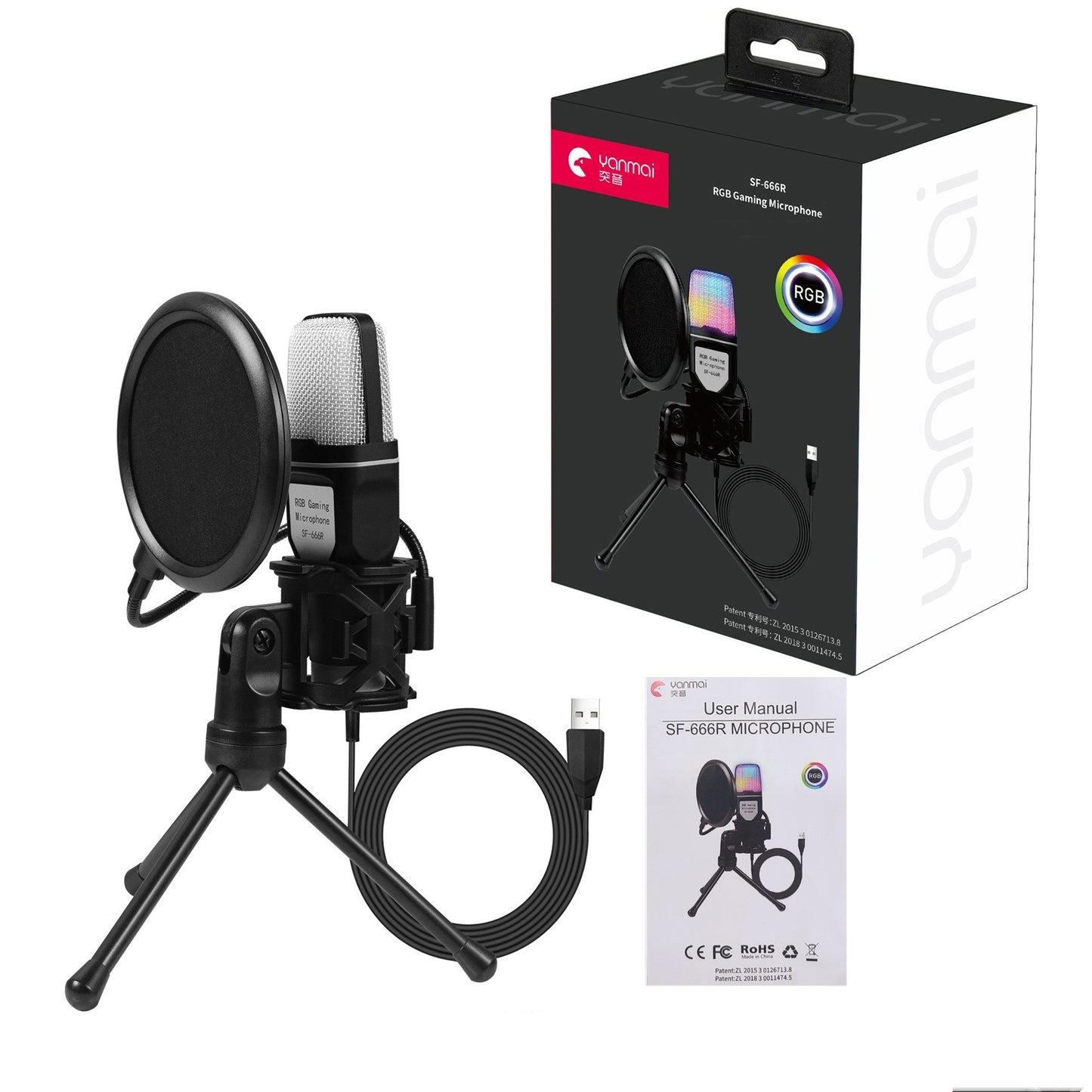 Klar Full RGB-kondensator Esports Gaming-skrivbordsmikrofon Datormikrofon