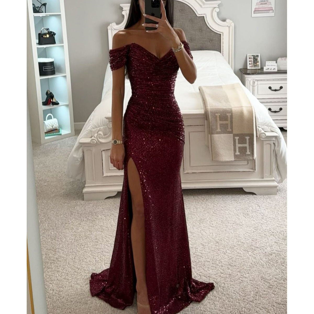 Robe fendue à paillettes, col rond, tenue de soirée décontractée, à la mode, pour femmes