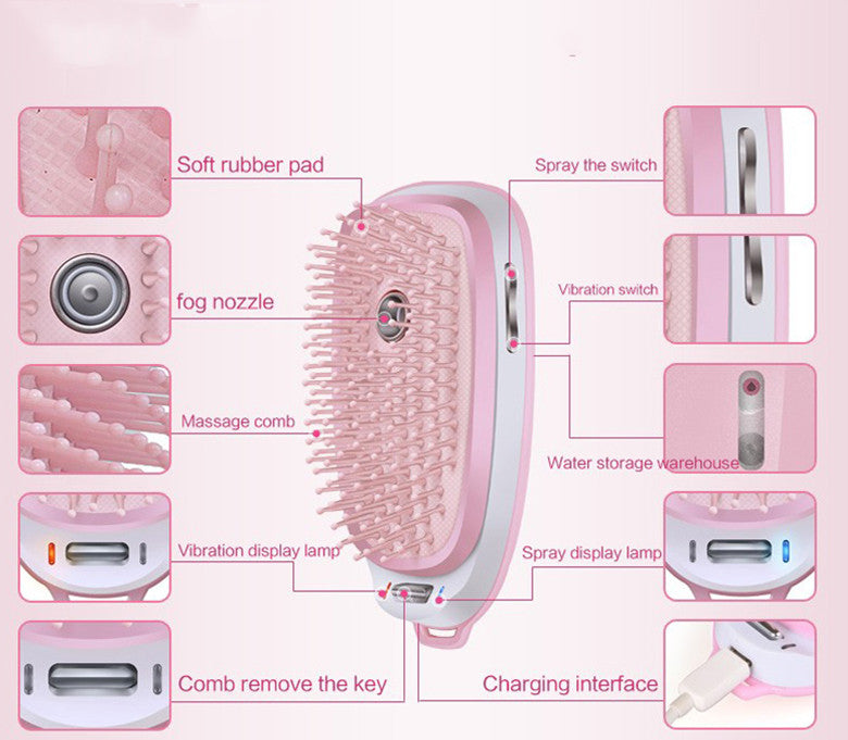 Electric Head Massage Comb - Steam Function - Anti-Static - Lithium Battery - Pink - 1 Gear - Cold Spray