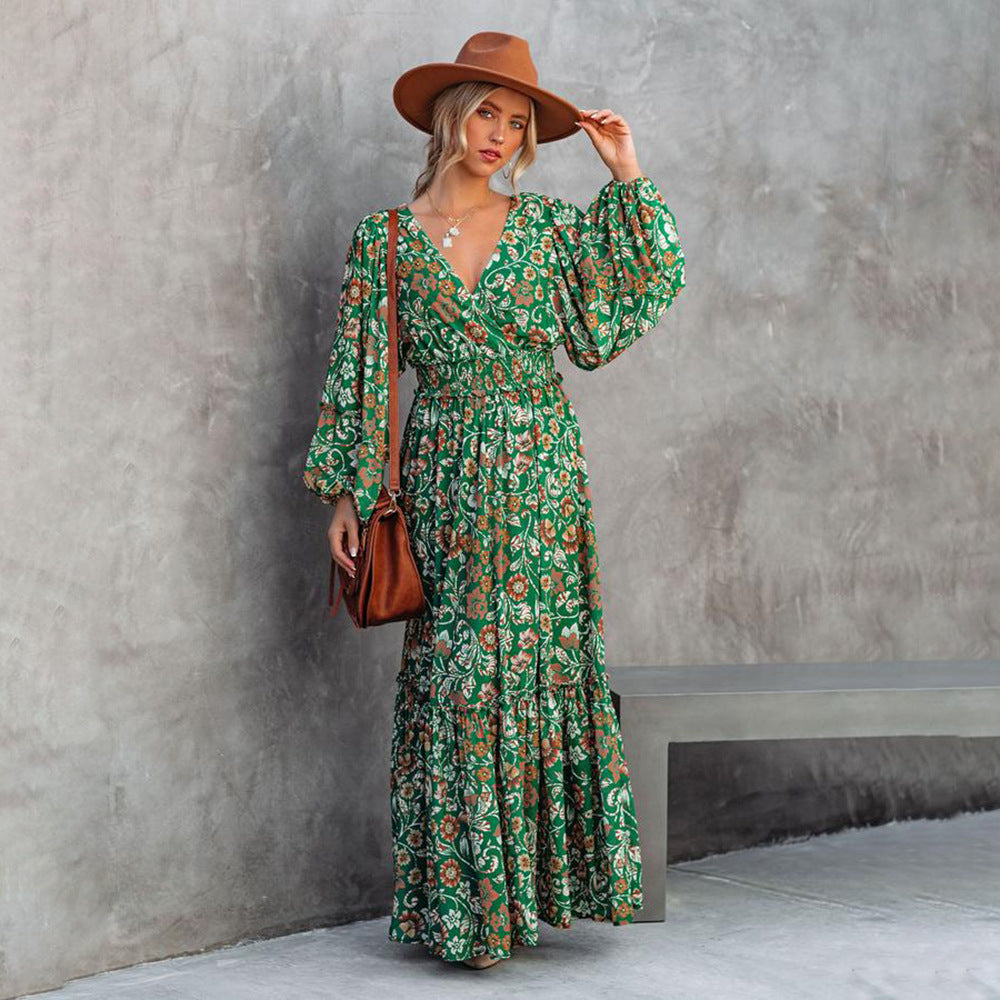 Mode Tryckta Lantern Långärmade V-hals Halter Couture Robe
