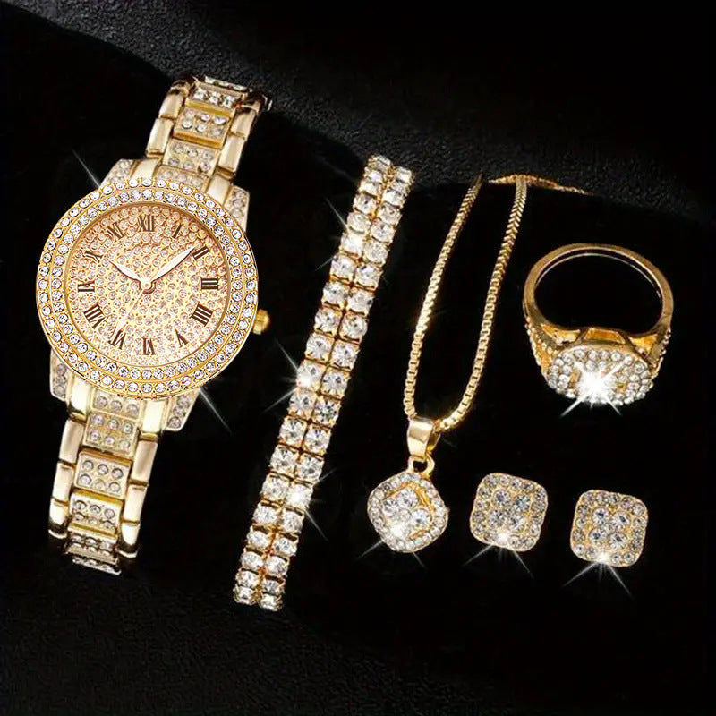 Women's Diamond Fashion Roman Quartz Watch - 5-Piece Set