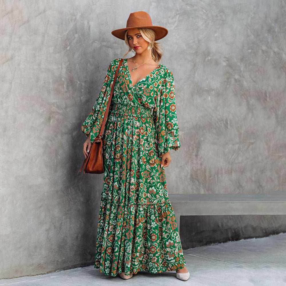 Mode Tryckta Lantern Långärmade V-hals Halter Couture Robe