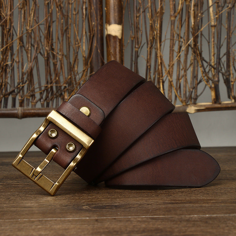 Men's Retro Washed Matte Top-Grain Leather Brass Buckle Belt - Sophisticated Texture