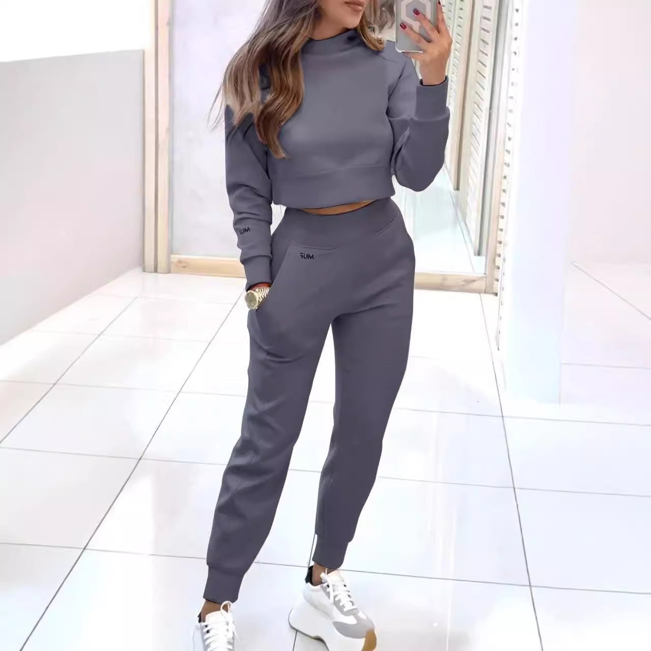 Stand Collar Sportkostym Moderiktig Tröja Långärmad Kort Topp Och Smal Byxa Med Fickor Enfärgade Outfits Damkläder