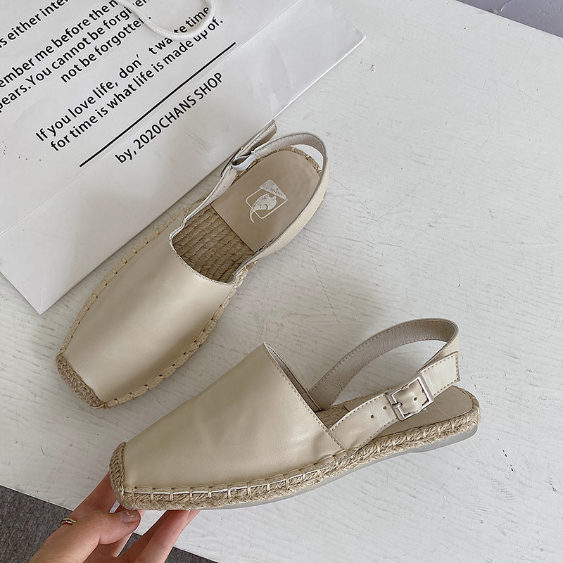 Baotou Platta Sandaler Dam Retro Fisherman Skor Mjukt Läder Singelskor Dam