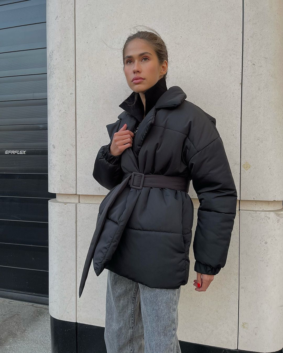 Winter Lapel Waisted Cotton Coat Fashion Solid Color Slim Overcoat Womens Clothing - Polyester Regular Style