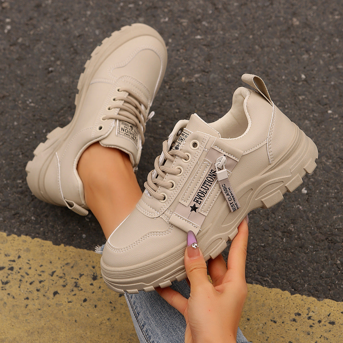 Women's Side-Zipper Thick-Sole Sneakers - Lace-Up Fashion