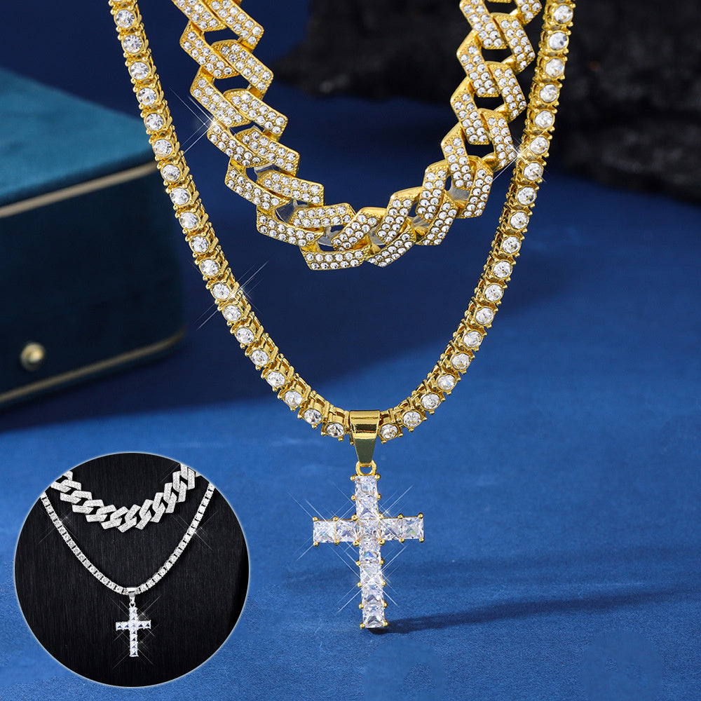 Zircon Croix Pendentif Collier Hip Hop Plein Miami Curb Chaîne Cubaine Glacé Pavé Strass Bling Rappeur Colliers Pour Hommes Hommes Et Femmes Clavicule Chaîne Bijoux