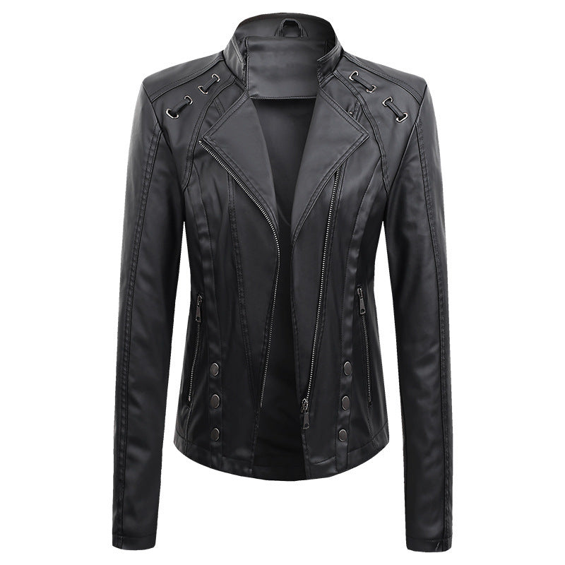 New Spring And Autumn New Leather PU Leather Jacket Women's Short - V-Neck Zipper Conventional Sleeve