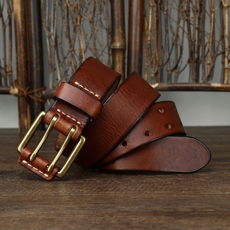 Men's First Layer Cowhide Vintage Brass Buckle Belt - Timeless Heritage