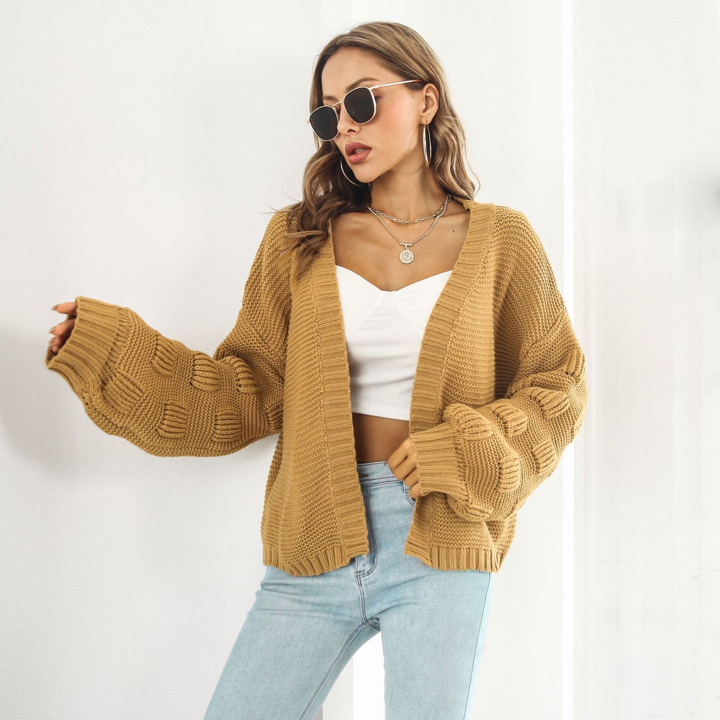 Puffärm Cardigan Sweater Damkläder Front Chunky Knitwear Coat