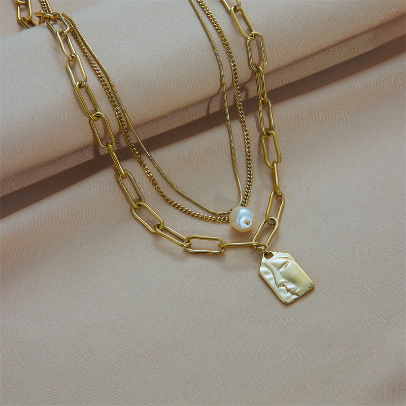 Modesmycken Layered Face Porträtt Kedja Choker Halsband För Kvinnor Eleganta Pärlor Hänge Halsband Smycken Tillbehör