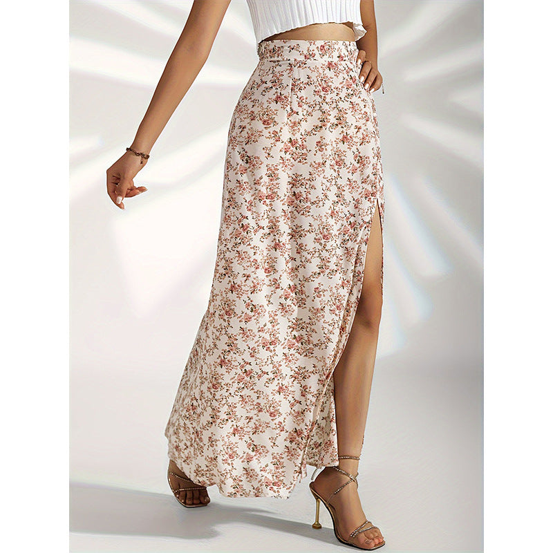 Gentle High Waist Slit Floral Skirt For Women - Feminine Softness