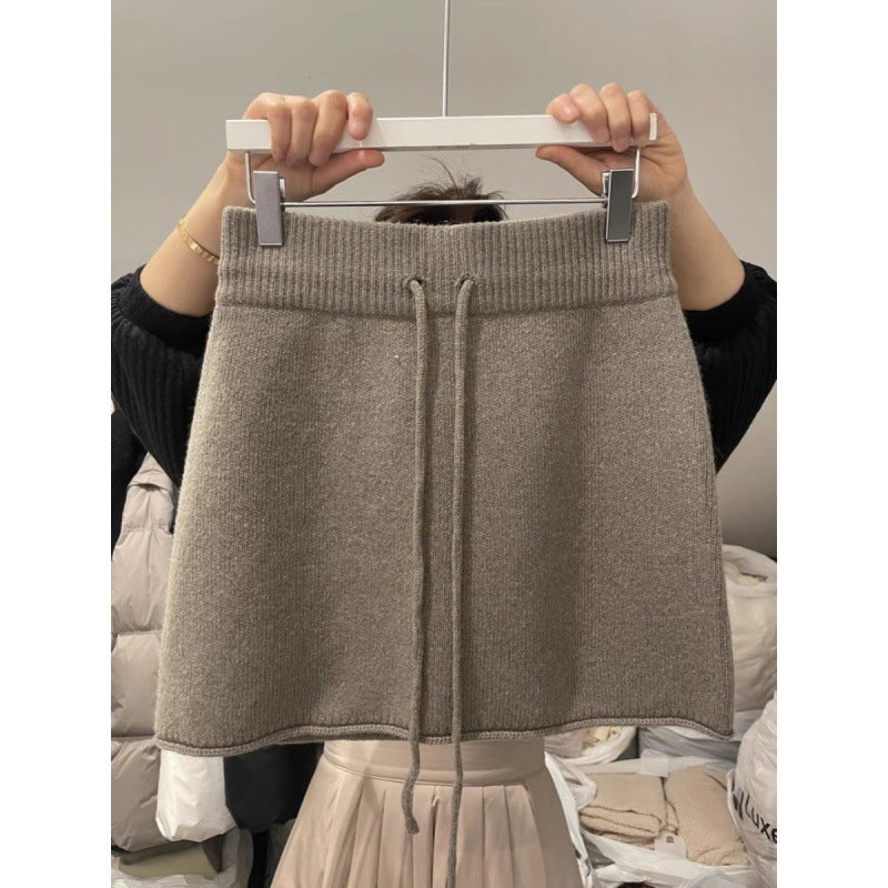 Professional Western Style Elastic Waistband Lace-Up Knitted Skirt - Urban Design (3 Colors, S-XL, Temperament Commute)