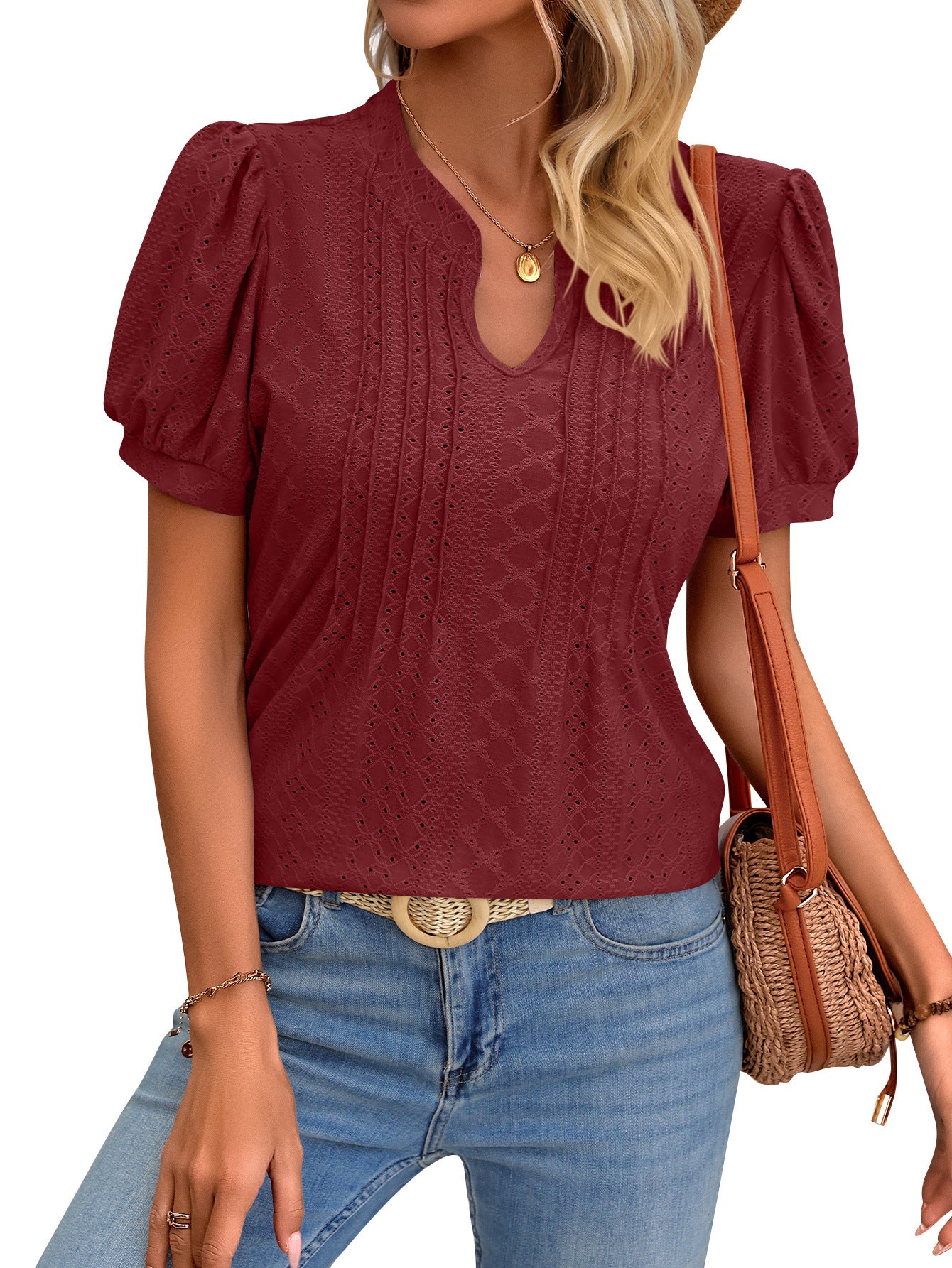 Solid Color V-neck Puff Short-sleeved T-shirt - Fashion Summer Collection