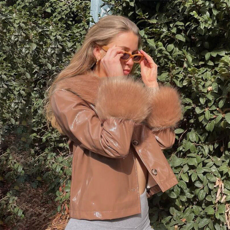 Women's Fur Collar Single-Breasted Slim Warm Leather Jacket - Elegant High-Quality Durable Winter