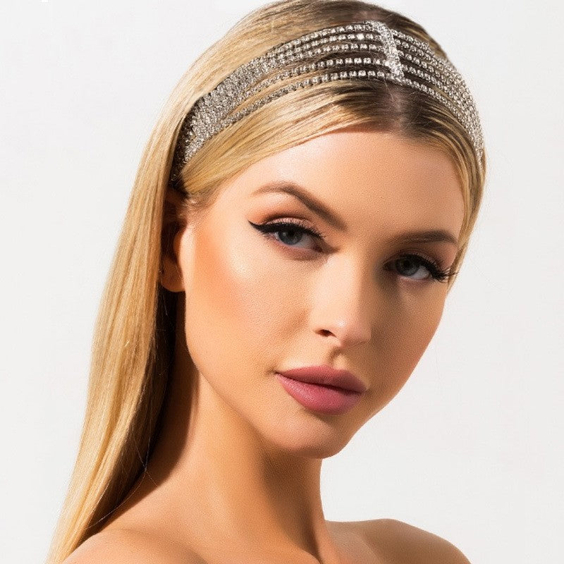 Flash Diamond Rhinestone Elastiskt Pannband Hårtillbehör Fem rader med diamanter