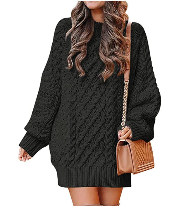 Indulge in the Luxe: Women's Round Neck Long Sleeve Twisted Knitted Mid-length Dress Sweater