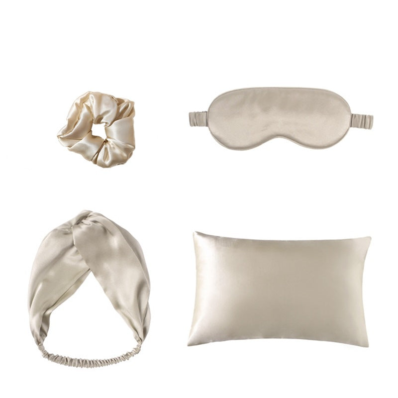 Masque pour les yeux en soie Double face, taie d'oreiller, cravate pour cheveux, ensemble de quatre pièces
