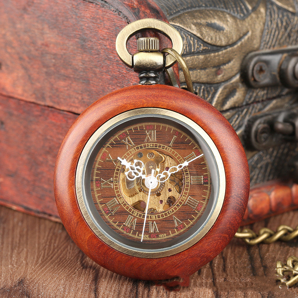 Mahogany Texture Dial Golden Roman Literal Automatic Mechanical Wooden Pocket Watch - Natural Luxurious Sustainable Elegant Exquisite