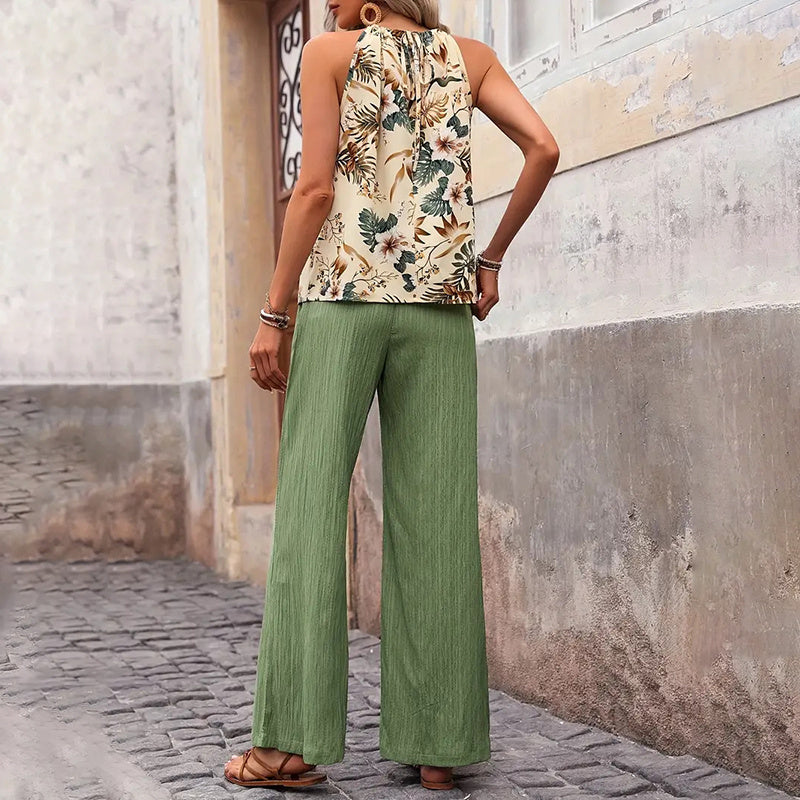 Damkläder med två delar, sommar, casual, ärmlös, halterneck, crop tops, vida ben, set med byxor