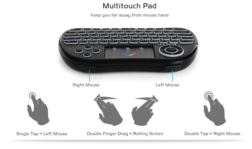 H9 Trådlös bakgrundsbelyst färgglad touch-fjärrkontrolltangentbord
