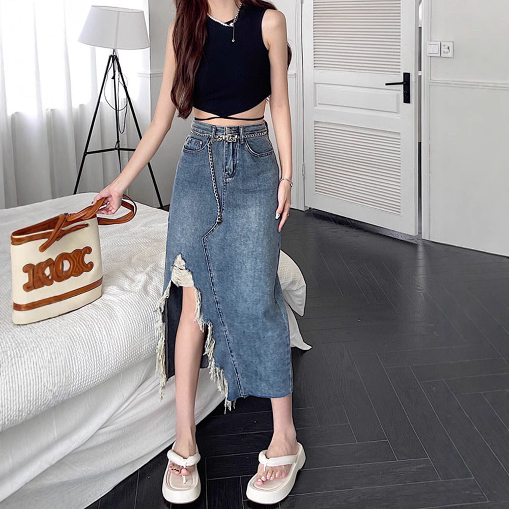 Women's Retro Denim A-Line Skirt - Irregular Slit Mid-Length
