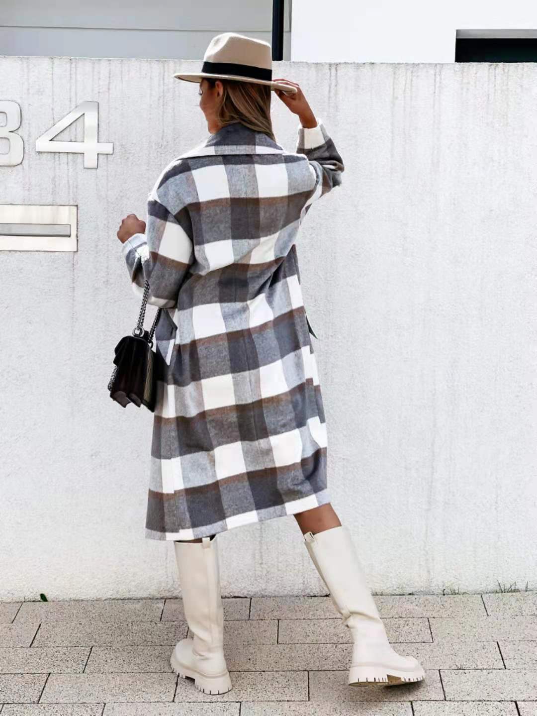 Checked Mid-Length Coat Lapel Tie Wool Coat