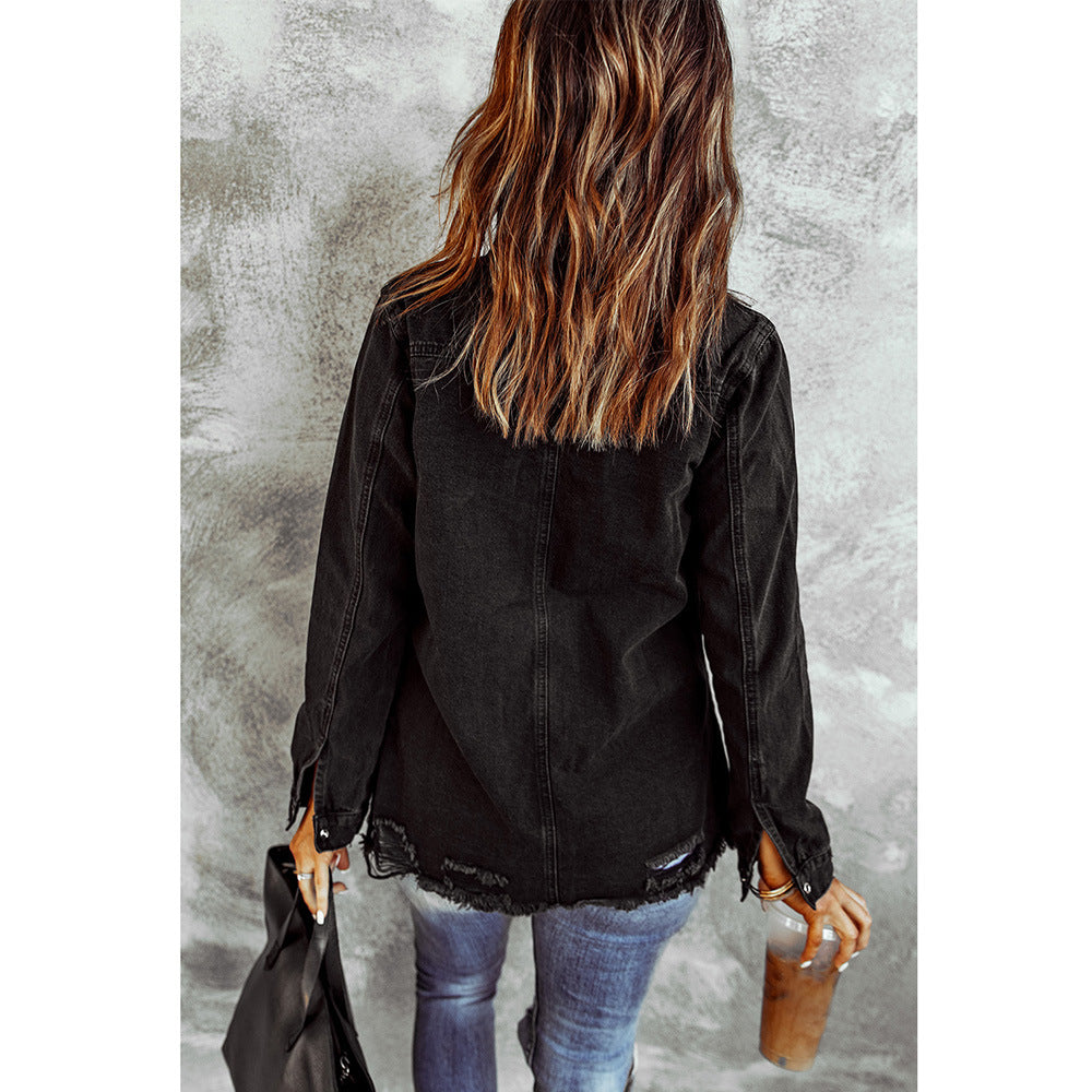 Black Ripped Shirt Denim Long Sleeve Coat Jacket Women - Trendy Comfortable High-Quality Flattering Stylish Edgy