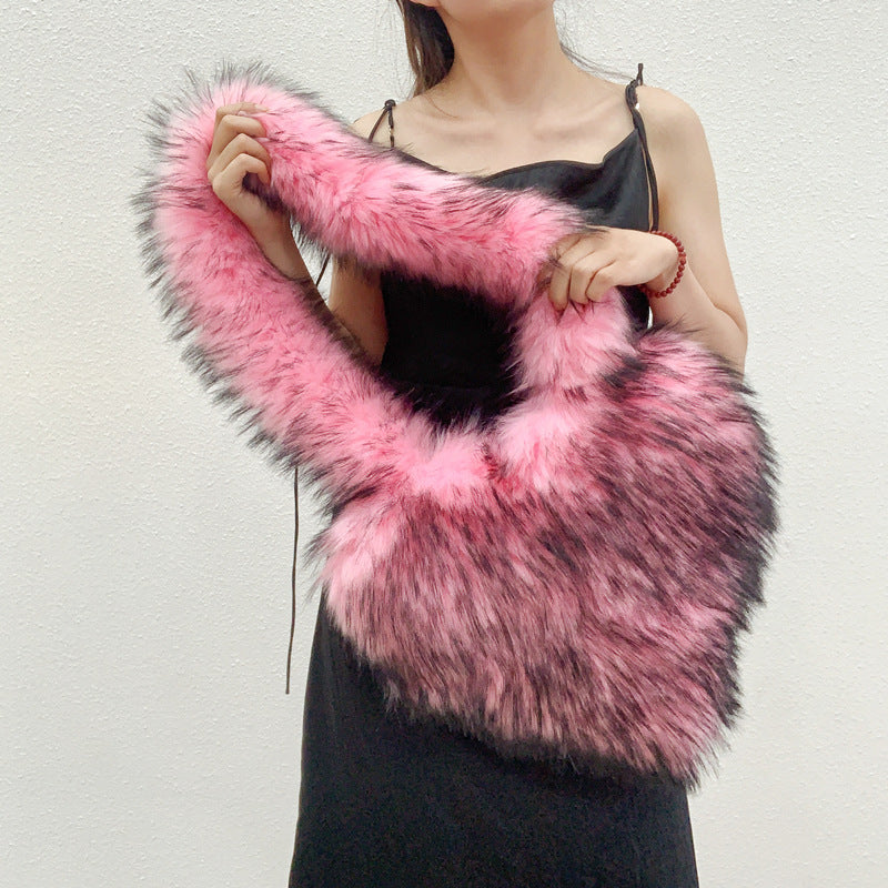 Sacs à bandoulière en polaire d'hiver pour femmes, sac à bandoulière en forme de cœur en peluche, sac d'amour de grande capacité