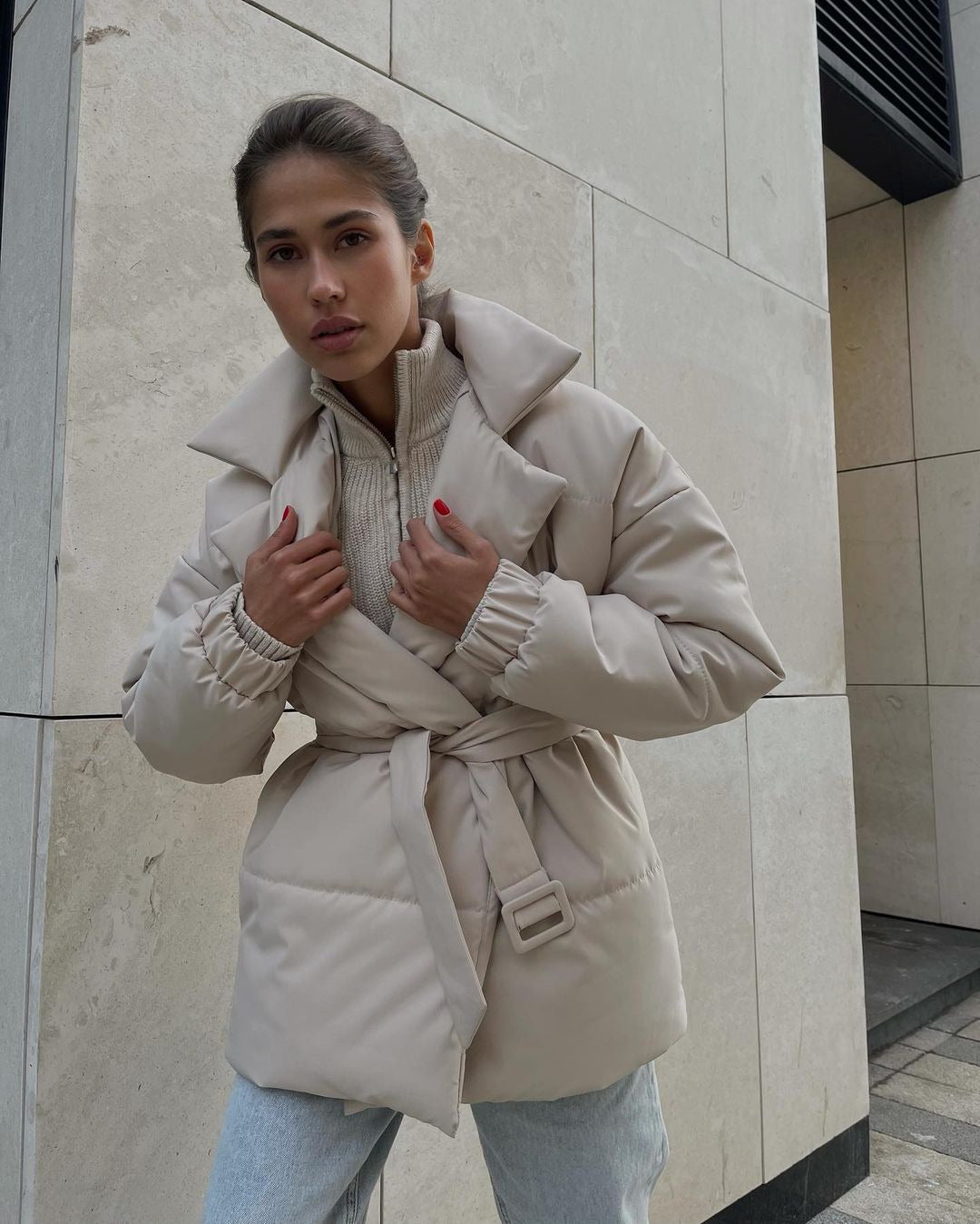 Winter Lapel Waisted Cotton Coat Fashion Solid Color Slim Overcoat Womens Clothing - Polyester Regular Style