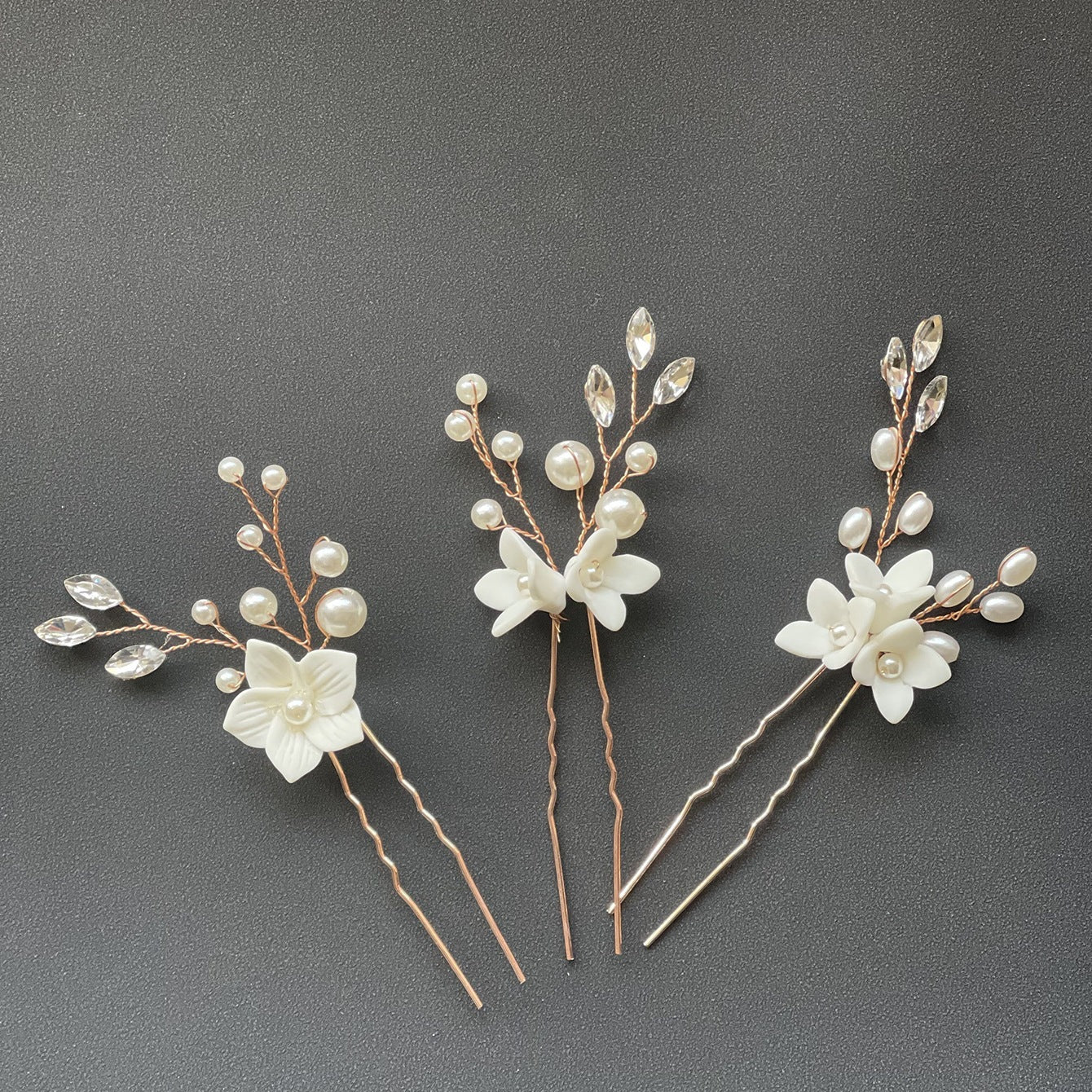 White Flower U Shaped Hairpins - 3 Sets