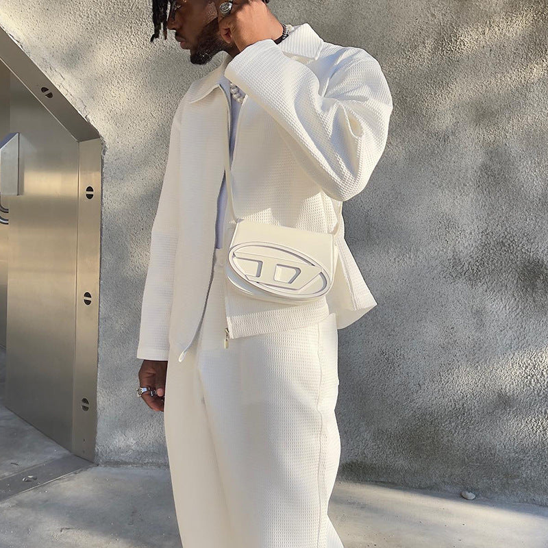 Veste de couleur unie pour hommes, pantalon décontracté, ensemble deux pièces