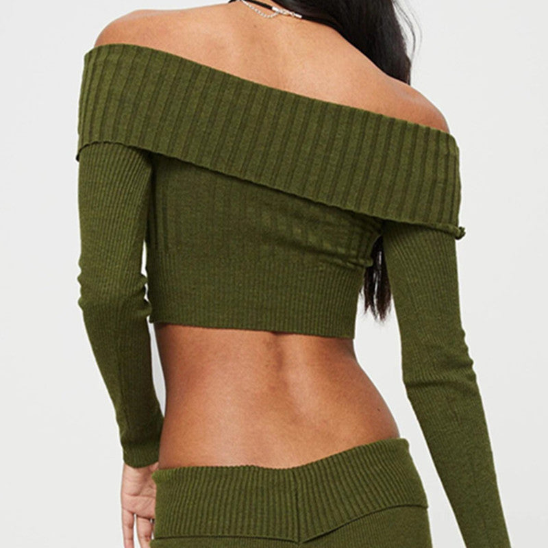 Boat Neck Long Sleeve Knitted Sweater - Off-shoulder Crop Short Top SFor Womens Clothing