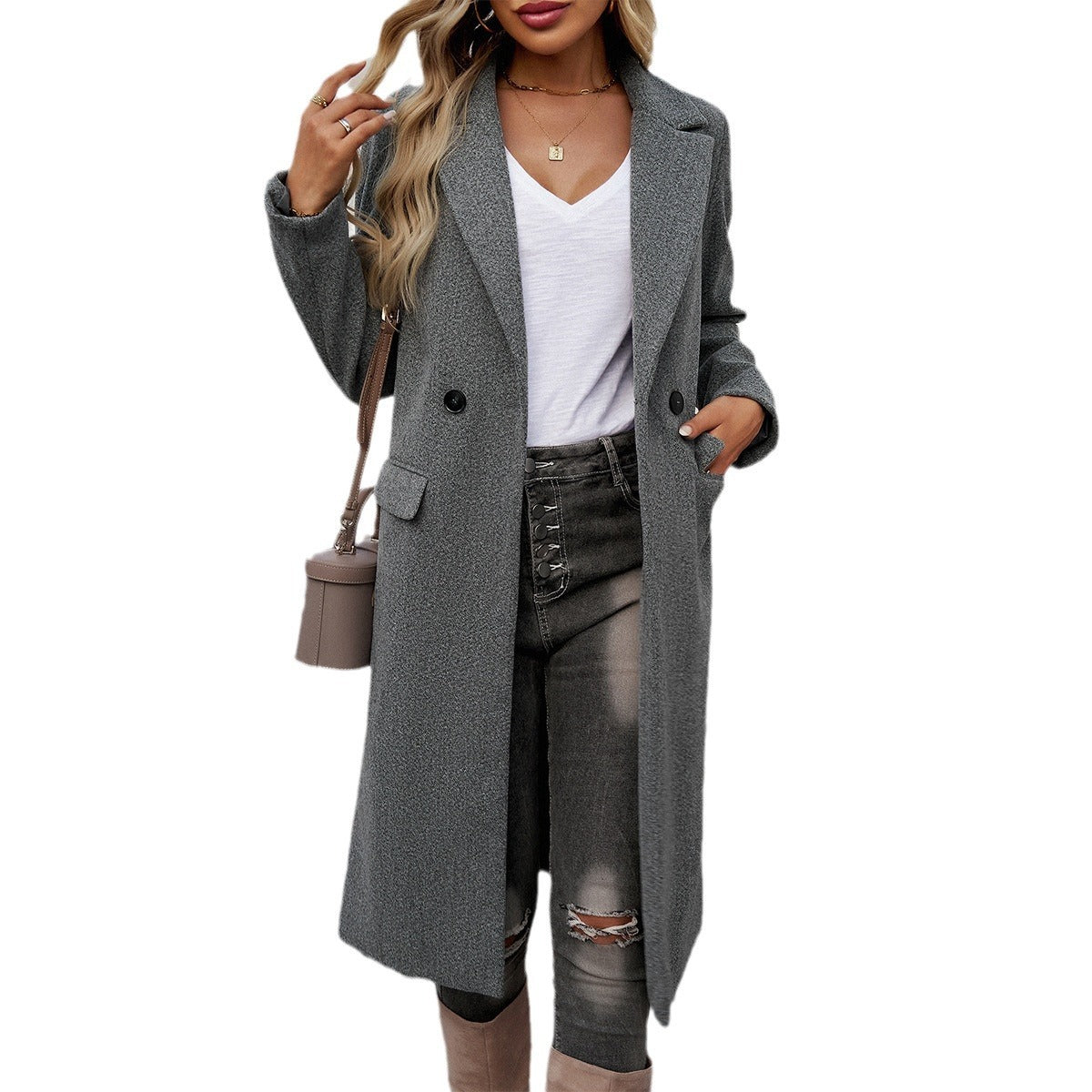 Lady Temperament Commuting Turn-Down Collar Coat - Solid Color Pocket Lengthened Long Sleeve