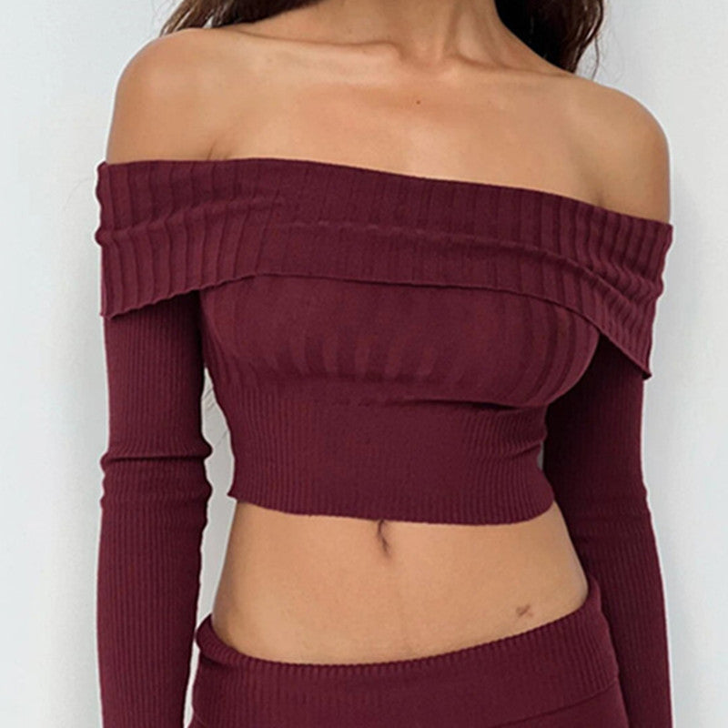 Boat Neck Long Sleeve Knitted Sweater - Off-shoulder Crop Short Top SFor Womens Clothing