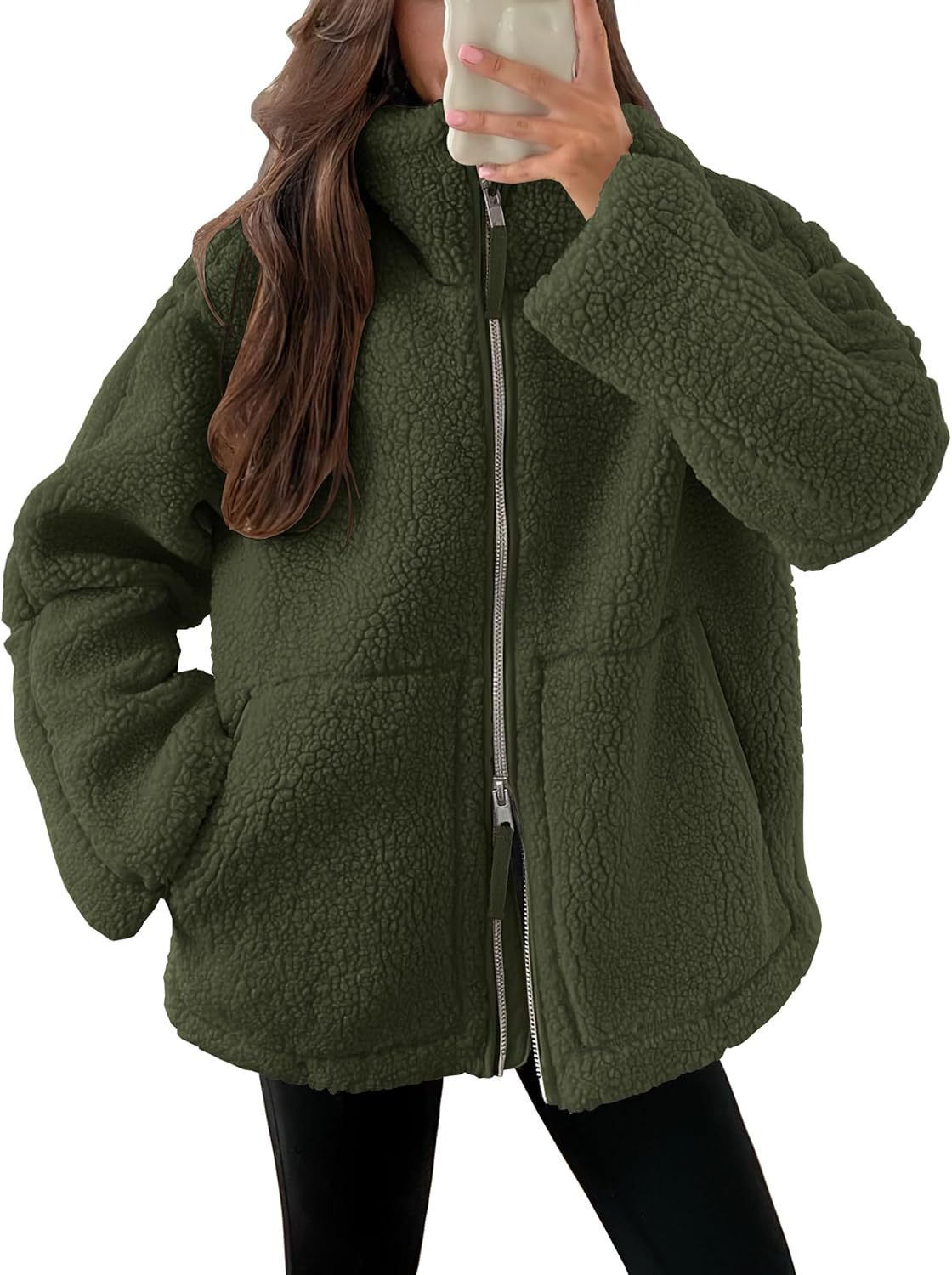 Winter Lapel Zip-Up Coat With Pockets Casual Fashion Solid Fleece Jacket Fall Spring Long Sleeve Women's Clothing
