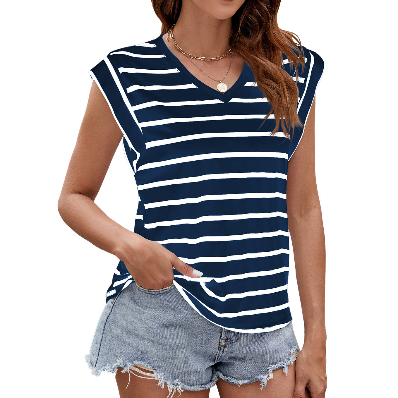 Moderiktig randigt tryckt V-ringad kortärmad t-shirt - Sommarlinne med lös passform för kvinnor