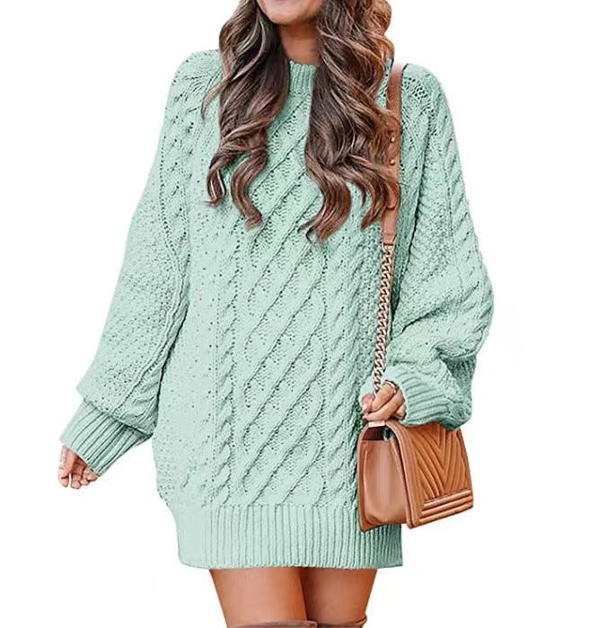 Indulge in the Luxe: Women's Round Neck Long Sleeve Twisted Knitted Mid-length Dress Sweater