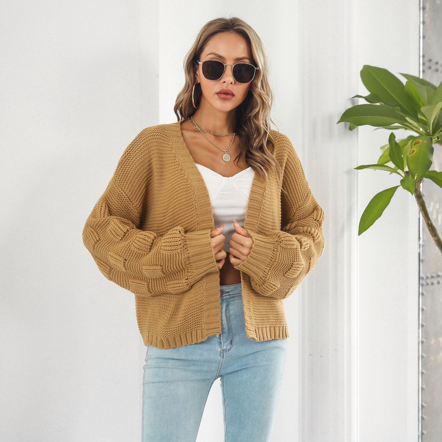 Puffärm Cardigan Sweater Damkläder Front Chunky Knitwear Coat