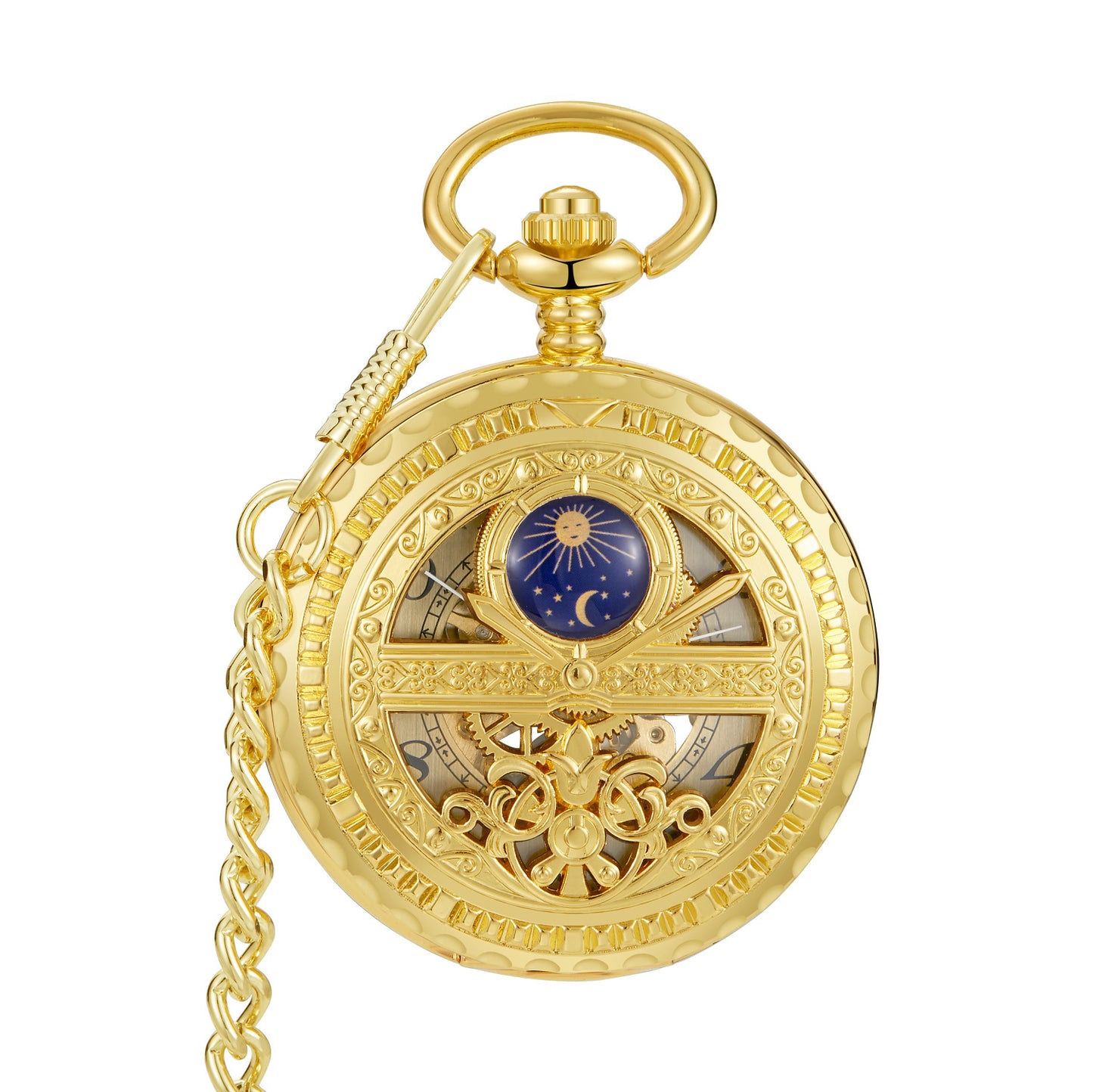 Golden Retro Hollow Pointer Night Sky Semi-Automatic Mechanical Pocket Watch - Celestial Elegant Timeless Exquisite