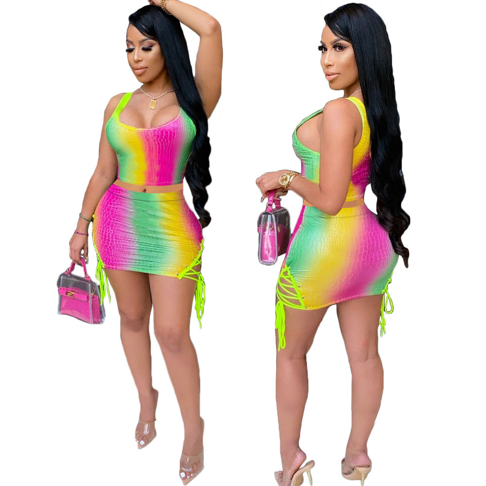 Clothes Explosion Style Rainbow Stripe West Cornice Two Pieces Set